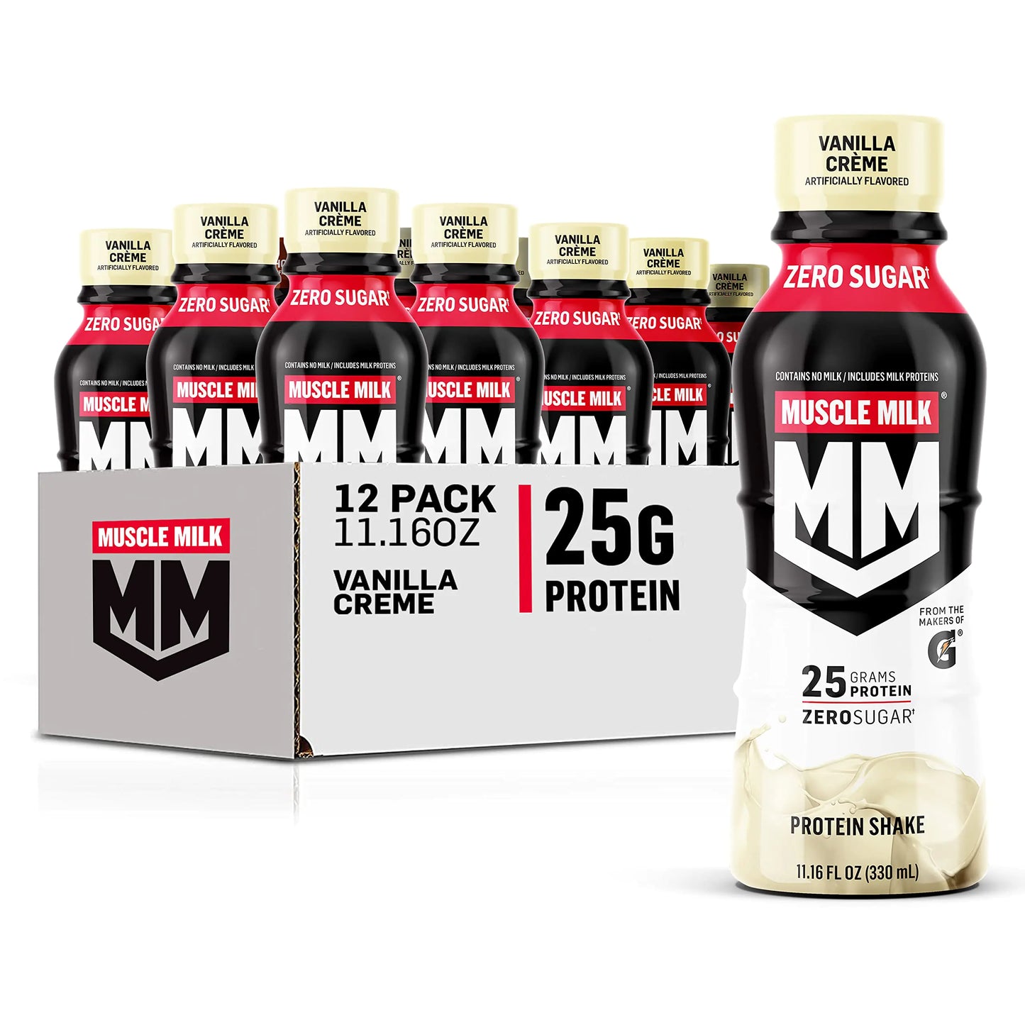 Muscle Milk Genuine Protein Shake Vanilla Creme 11.16 Fl Oz Bottle 12 Pack 25g Protein Zero Sugar Calcium Vitamins A C & D 5g Fiber Energizing Snack Workout Recovery Packaging May Vary